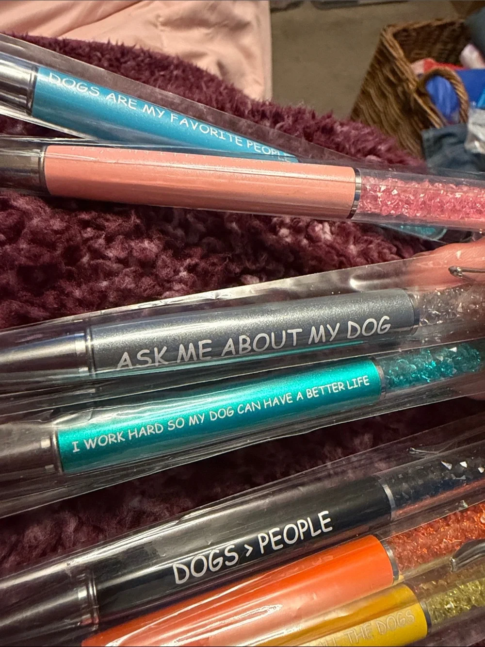 Set 7 Sparkle Dog Quote Pens with Diary of a Dog Spiral Notebook. All NEW.
